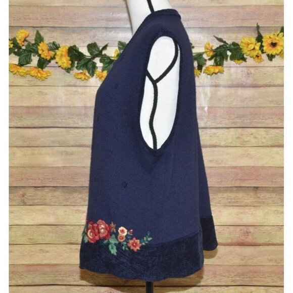 Vintage Koret Ladies L Blue Wool Blend Cardigan Vest Sweater Embroidered Floral - Picture 6 of 11
